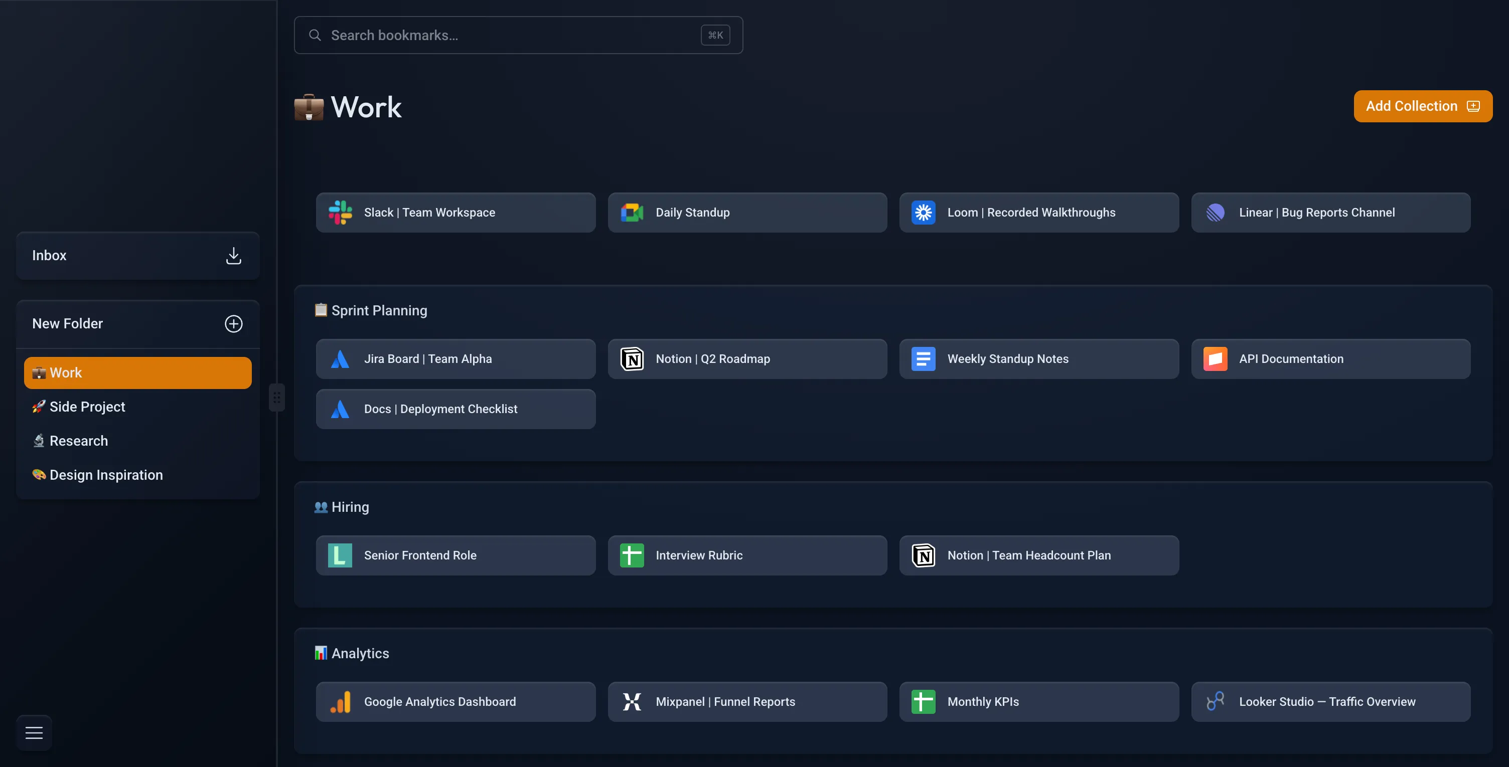 stashPile new tab showing folders and collections